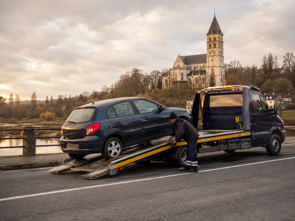Auto wordt in Halle op een oprijwagen geladen voor gratis ophaling, met de Grote Markt op de achtergrond